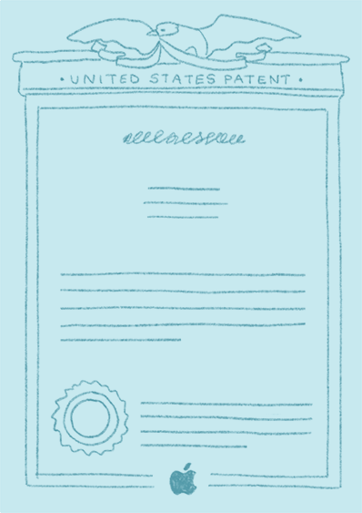 The same portrait is joined by an illustrated patent award entering the frame