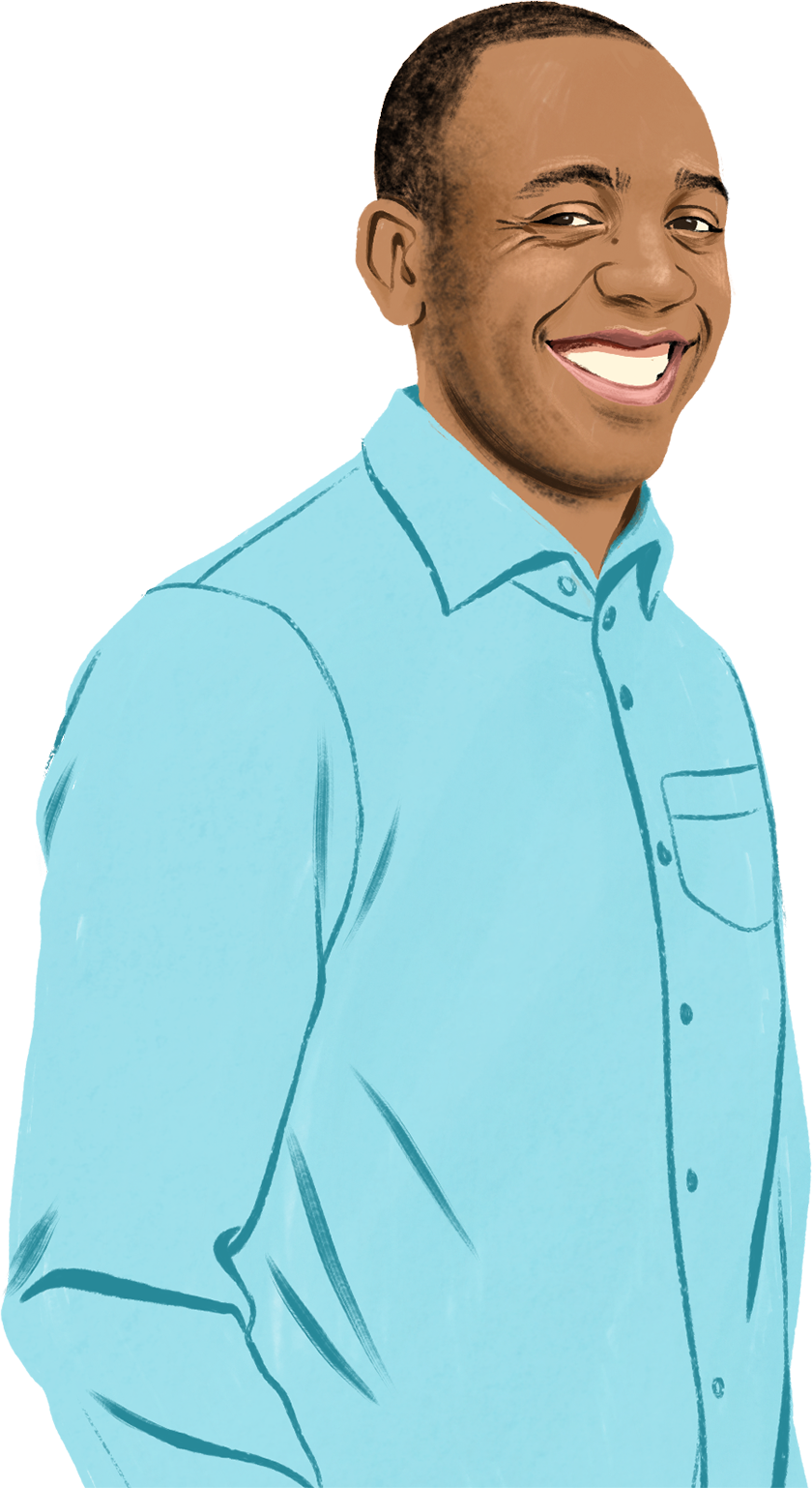 Illustrated portrait of Brian smiling, looking at the reader and surrounded by illustrated iPad and iPhone icons and an illustrated padlock.