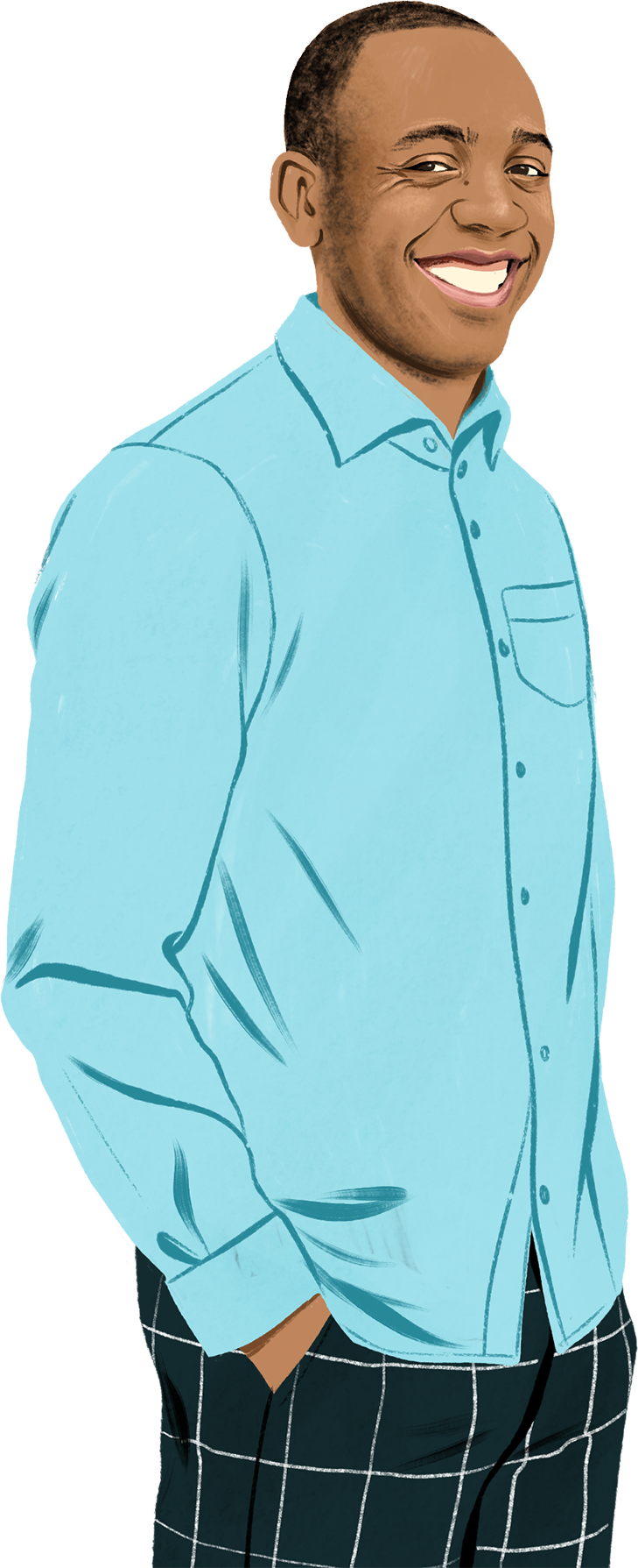 Illustrated portrait of Brian smiling, looking at the reader and surrounded by illustrated iPad and iPhone icons and an illustrated padlock.