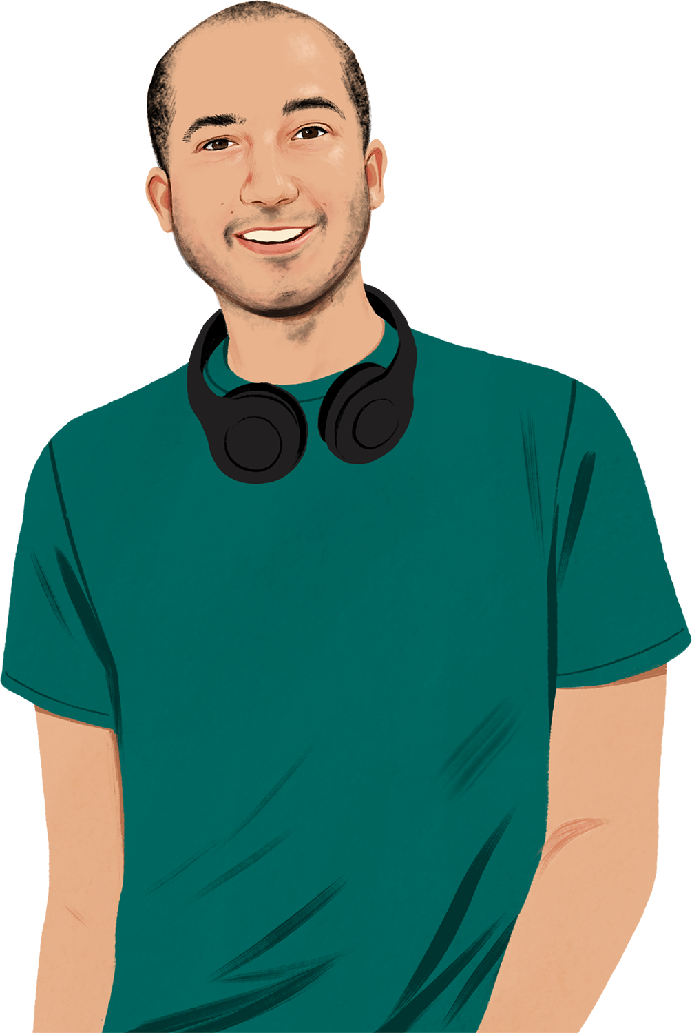 Illustrated portrait of Chris smiling, wearing headphones around his neck and looking at the reader; an illustrated iPhone enters the frame, emitting visible sound waves.