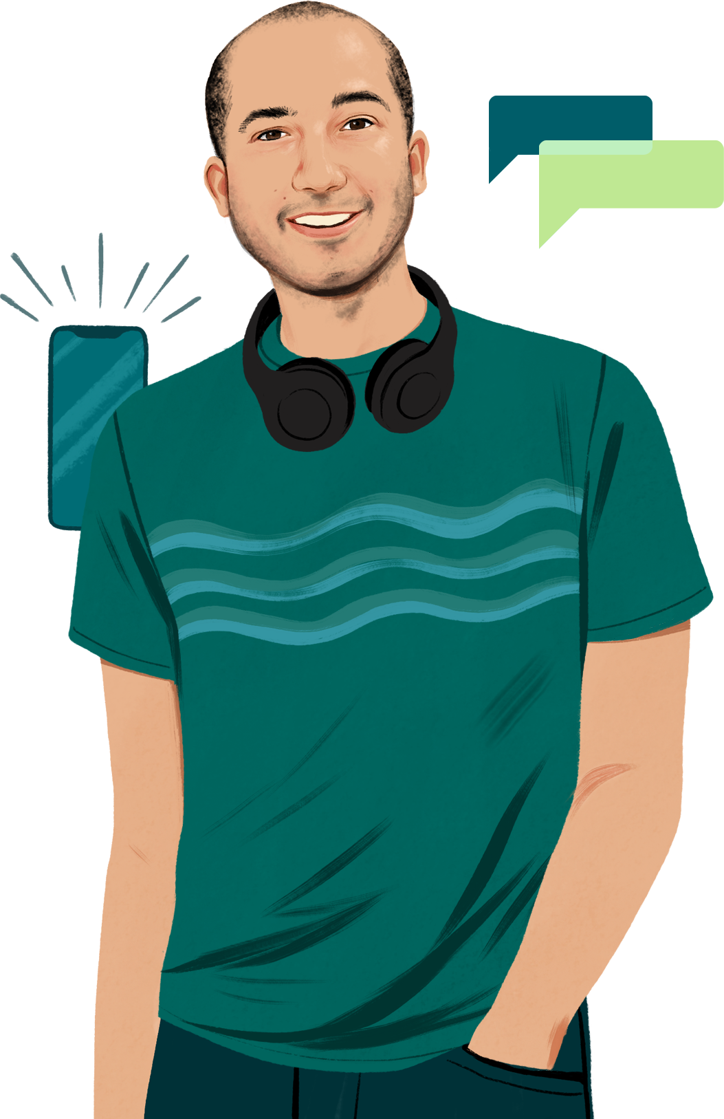 Illustrated portrait of Chris smiling, wearing headphones around his neck and looking at the reader; an illustrated iPhone enters the frame, emitting visible sound waves.