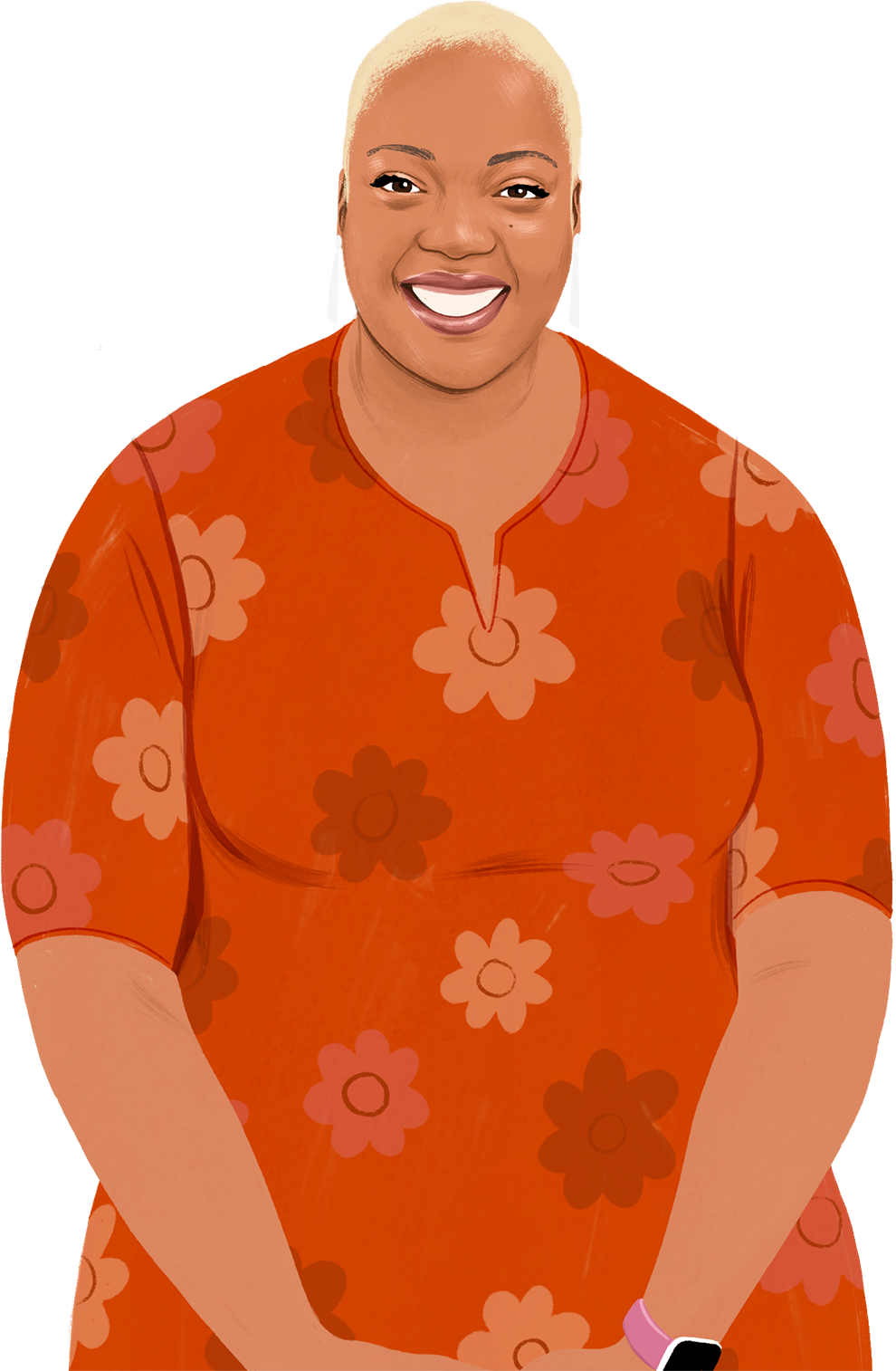 Illustrated portrait of Nafisah smiling, looking at the reader; an illustrated iPad enters the frame, displaying an image of a heart symbol.