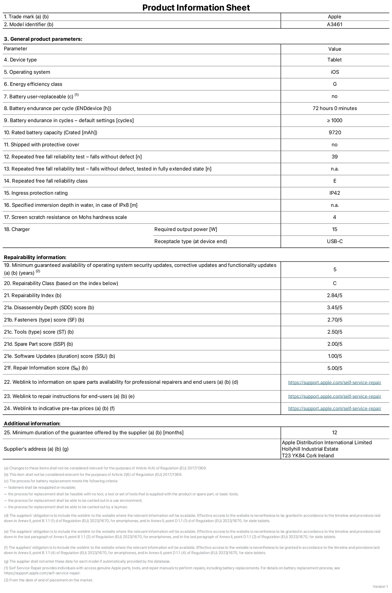 Product information sheet for 13-inch iPad Air Wi‑Fi, model A3461. Supplied by Apple Distribution International Limited, Hollyhill Industrial Estate. Cork, Ireland, T23 YK84. Device type: tablet. Operating system: iOS. Energy efficiency class: G. Battery user-replaceable: no. Battery endurance per cycle: 72 hours. Battery endurance in cycles — default settings: greater than or equal to 1,000. Rated battery capacity: 9720 milliampere-hours. Shipped with protective cover: no. Repeated free fall reliability test - falls without defect: 39. Repeated free fall reliability test — falls without defect tested in fully extended state: not applicable. Repeated free fall in reliability class: E. Ingress protection rating: IP42. Specified immersion depth in water, in case of iPx8: not applicable. Screen scratch resistance on Mohs hardness scale: 4. Charger required output power: 15 watts. Charger receptacle type (at device end): USB‑C. Minimum guaranteed availability of operating system security updates, corrective updates and functionality updates: 5 years. Repairability class: C. Repairability index: 2.84/5. Disassembly Depth (SDD) score: 3.45/5. Fasteners score: 2.70/5. Tools score: 2.50/5. Spare part score: 2.00/5. Software updates score: 1.00/5. Repair information score: 5.00/5. Weblink to information on spare parts availability for professional repairers and end-users: https://support.apple.com/self-service-repair. Weblink to repair instructions for end-users: https://support.apple.com/self-service-repair. Weblink to indicative pre-tax prices: https://support.apple.com/self-service-repair. 12 month general guarantee offered.