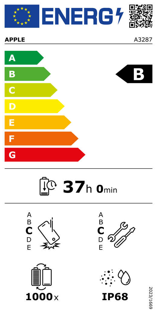 Étiquette énergétique de l’UE, code QR et informations, modèle Apple A3287, classe B, classes d’efficacité énergétique (échelle allant de A à G), A (la plus élevée) à G (la plus basse), endurance de la batterie par cycle, 37 heures et 0 minute par charge complète de la batterie, résistance aux chutes répétées de classe C, A (plus résistante) à E (moins résistante), réparabilité de classe C, A (plus réparable) à E (moins réparable), endurance de la batterie de 1 000 cycles, indice de protection IP68 pour la poussière et l’eau, règlement 2023/1669.