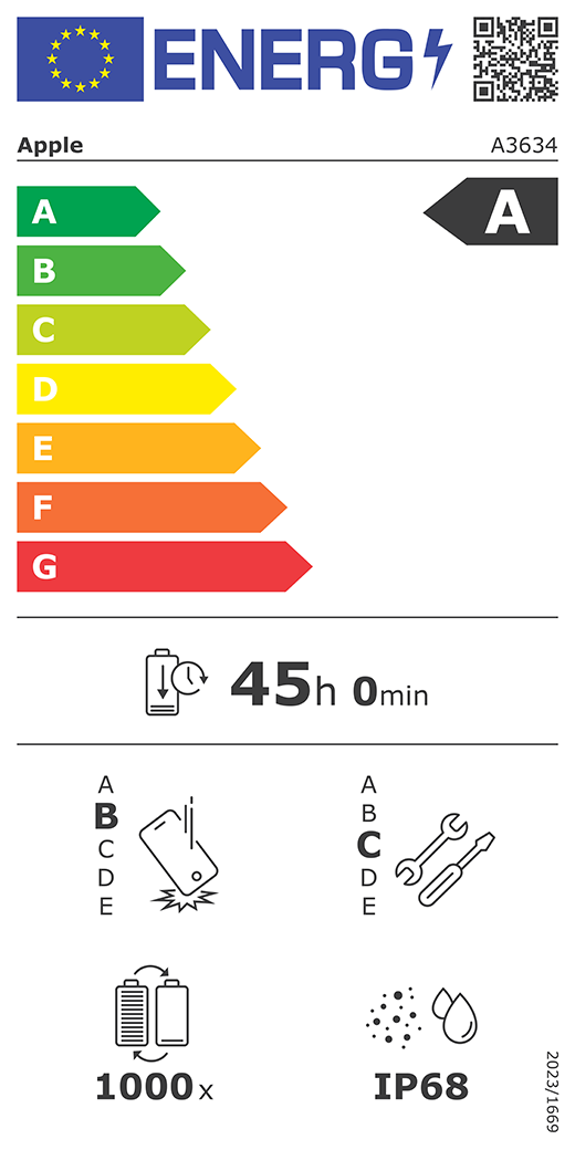 Étiquette énergie de l’UE, code QR et informations, modèle Apple A3634, classe A, classes d’efficacité énergétique (échelle allant de A à G), A (la plus élevée) à G (la plus basse), endurance de la batterie par cycle, 45 heures et 0 minute par charge complète de la batterie, résistance aux chutes libres répétées de classe B, A (la plus résistante) à E (la moins résistante), réparabilité de classe C, A (la plus réparable) à E (la moins réparable), endurance de la batterie de 1 000 cycles, indice de protection IP68 pour la poussière et l’eau, règlement 2023/1669