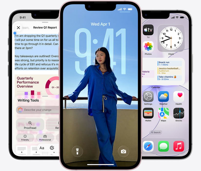 Vista frontal de três dispositivos iPhone 17e, captura de ecrã com as ferramentas de escrita em utilização, Ecrã bloqueado a mostrar a fotografia de uma pessoa e app Mensagens a enviar mensagens via satélite