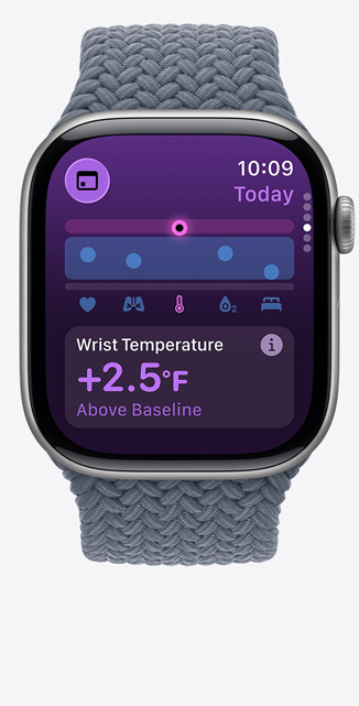 Apple Watch Series 11, boîtier en titane, finition ardoise, app Signes vitaux, tableau des scores de santé, notification de température au poignet supérieure à la valeur de référence, côté droit, Digital Crown, Bracelet Boucle unique tressée bleu maritime