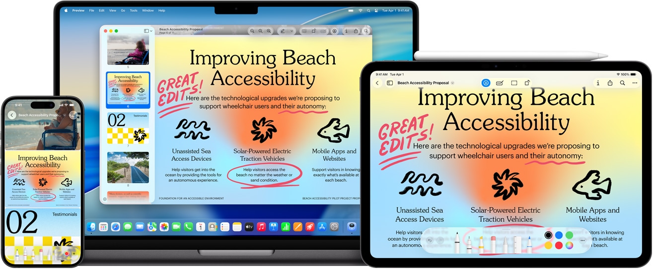 Több Apple eszköz, mindegyiken ugyanaz a kép jelenik meg, egy Apple Pencilt használtak a képen történő jelölésekre az iPaden, és a jelölések a többi eszközön is megjelennek
