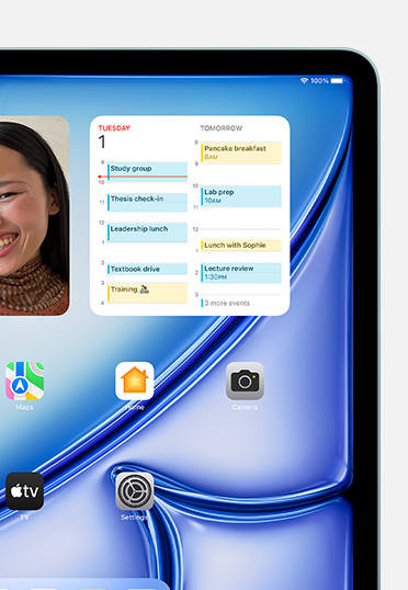 Beberapa widget dan aplikasi ditampilkan di layar, termasuk Foto, Kalender, Peta, Home, Kamera, TV, News, dan Pengaturan.