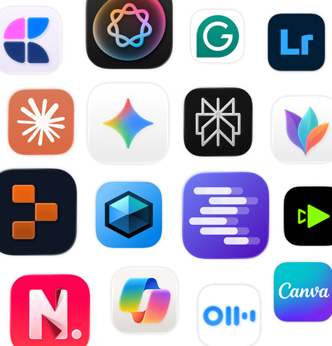 An array of AI app icons, including MindNode, Adobe Lightroom, Claude, Google Gemini and more.