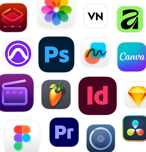 An array of creativity app icons, including Adobe Illustrator, Canva, CapCut, Figma and more.