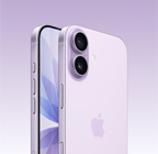 „iPhone 17“, levandų spalvos, priekis, kampuota nugarėlė, „Dual Fusion“ kamerų sistema viršutiniame kairiajame kampe, kameros valdymo mygtukas, priekis su visą ekraną užimančiu dizainu, veiksmo, garsumo ir šoniniai mygtukai
