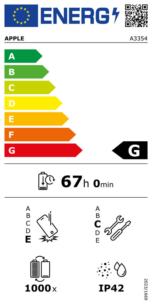 Cod QR și informații privind Eticheta energetică UE, model Apple A3354, clasa G, clase de eficiență energetică (cu o scară de la A la G), de la A (eficiență maximă) la G (eficiență minimă), anduranța bateriei pentru fiecare ciclu, 67 ore și 0 minute pe încărcare completă a bateriei, fiabilitate la căderi libere repetate clasa E, de la A (robustețe maximă) la E (robustețe minimă), potențial de reparare clasa C, de la A (potențial de reparare maxim) la E (potențial de reparare minim), anduranța bateriei în cicluri 1000, protecție împotriva pătrunderii prafului și a apei (IP) cu clasificare IP42, regulament 2023/1669