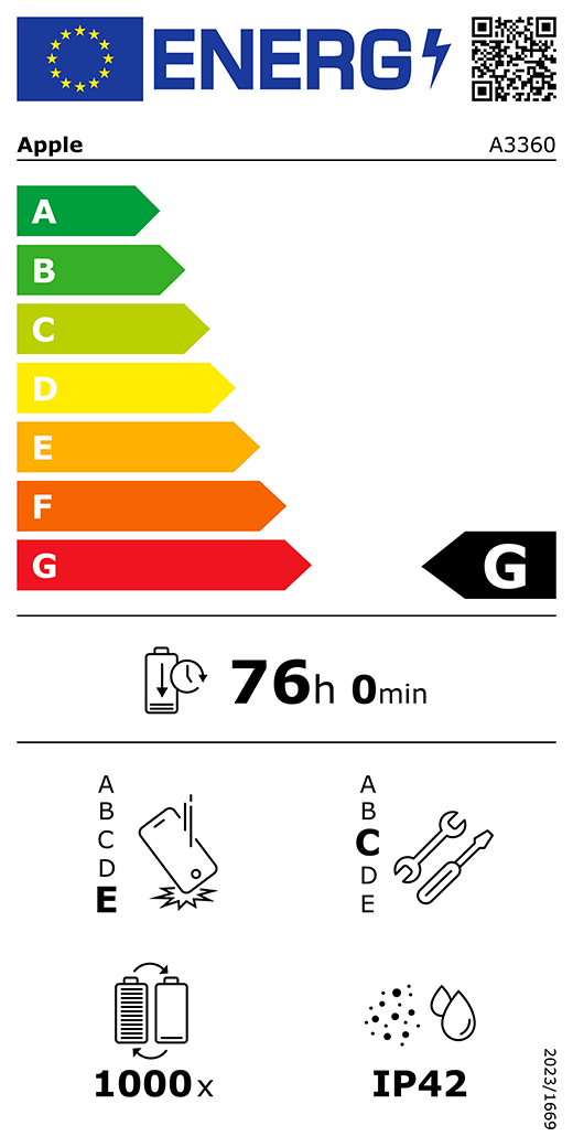 Cod QR și informații privind Eticheta energetică UE, model Apple A3360, clasa G, clase de eficiență energetică (cu o scară de la A la G), de la A (eficiență maximă) la G (eficiență minimă), anduranța bateriei pentru fiecare ciclu, 76 ore și 0 minute pe încărcare completă a bateriei, fiabilitate la căderi libere repetate clasa E, de la A (robustețe maximă) la E (robustețe minimă), potențial de reparare clasa C, de la A (potențial de reparare maxim) la E (potențial de reparare minim), anduranța bateriei în cicluri 1000, protecție împotriva pătrunderii prafului și a apei (IP) cu clasificare IP42, regulament 2023/1669