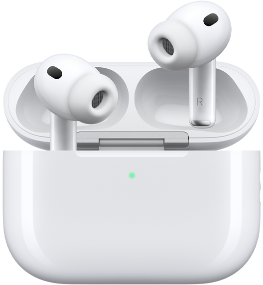 AirPods Pro 3 ja MagSafe-latauskotelo (USB‑C), pyöristetty kotelon ulkokuori, ulkoinen LED-merkkivalo, kotelo avoinna, valkoinen väri, langattomat kuulokkeet silikonitulpilla, varren sisäpuolella ovat kirjaimet L ja R