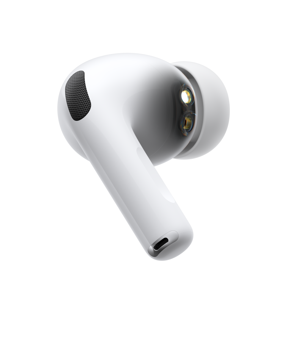 AirPods Pro 3, langaton kuuloke, valkoinen väri, sivupinta, lyhyt putkilomainen varsi, melua vaimentava mikrofoni, silikonitulppa, sykkivä ääniaalto