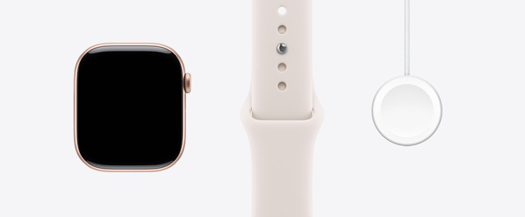 Vista frontal do Apple Watch Series 11, com caixa em alumínio rosa‑dourado, ecrã total, Bracelete desportiva rosa leve e Cabo de carregamento magnético rápido USB‑C para Apple Watch
