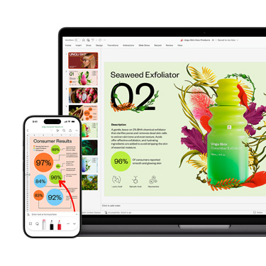 Vista frontal de una Mac y un iPhone que muestran diferentes secciones de la misma presentación animada y colorida enfocada en un producto para el cuidado de la piel.
