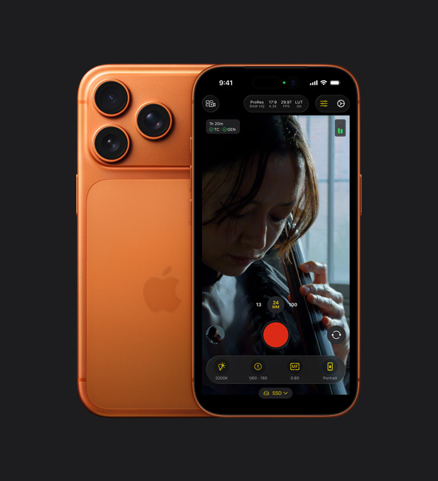 „iPhone 17 Pro“ ekranas, kuriame demonstruojama „ProRes RAW“ formatas, kai filmuojama violončele grojanti moteris