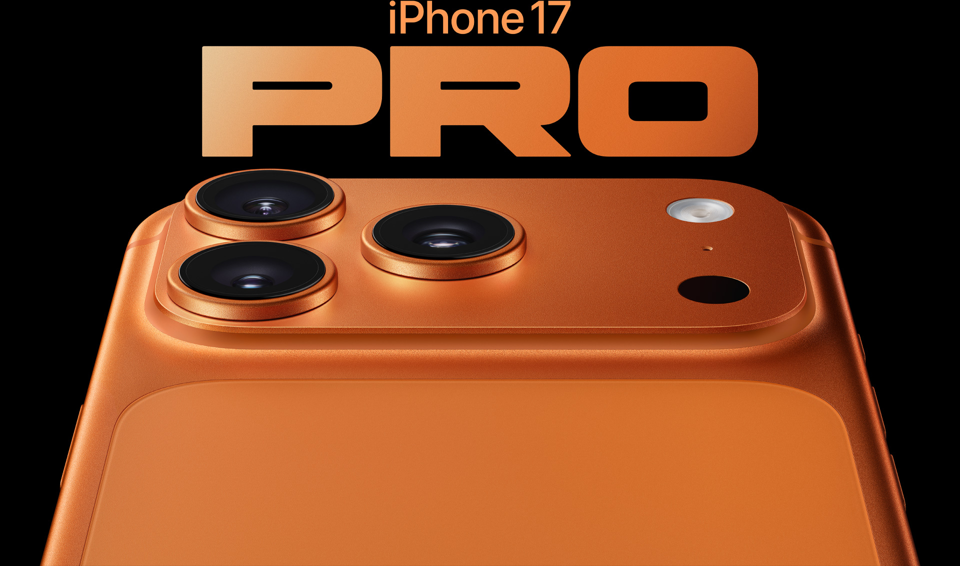 iPhone 17 Pro, acabado en naranja cósmico, parte trasera parcial, sistema de cámaras Pro en la esquina superior izquierda, tres objetivos, micrófono, flash