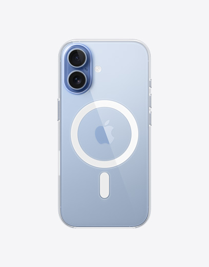 Parte de trás do iPhone 17 com capa transparente com MagSafe, mostrando o sistema de câmera dupla Fusion no canto superior esquerdo