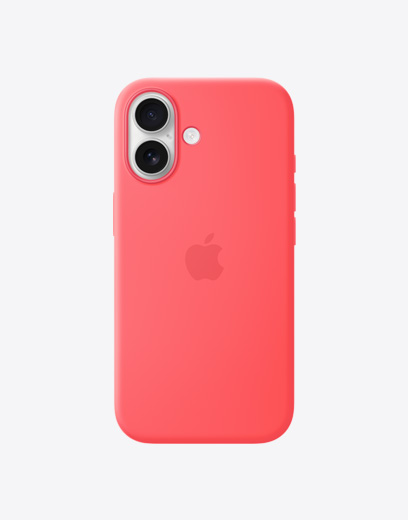 Parte de trás do iPhone 17 com capa goiaba-brilhante de silicone, mostrando o sistema de câmera dupla Fusion no canto superior esquerdo e o logotipo da Apple no centro