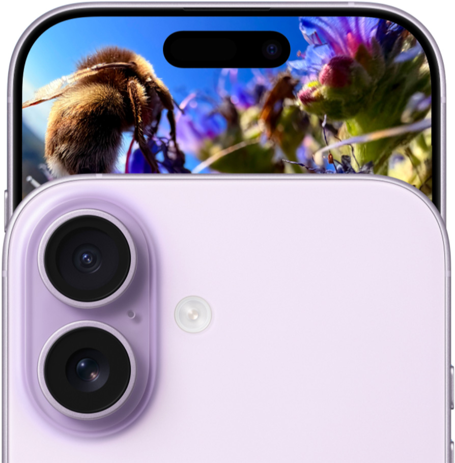 Parte da frente e de trás do iPhone 17 lavanda com sistema de câmera dupla Fusion
