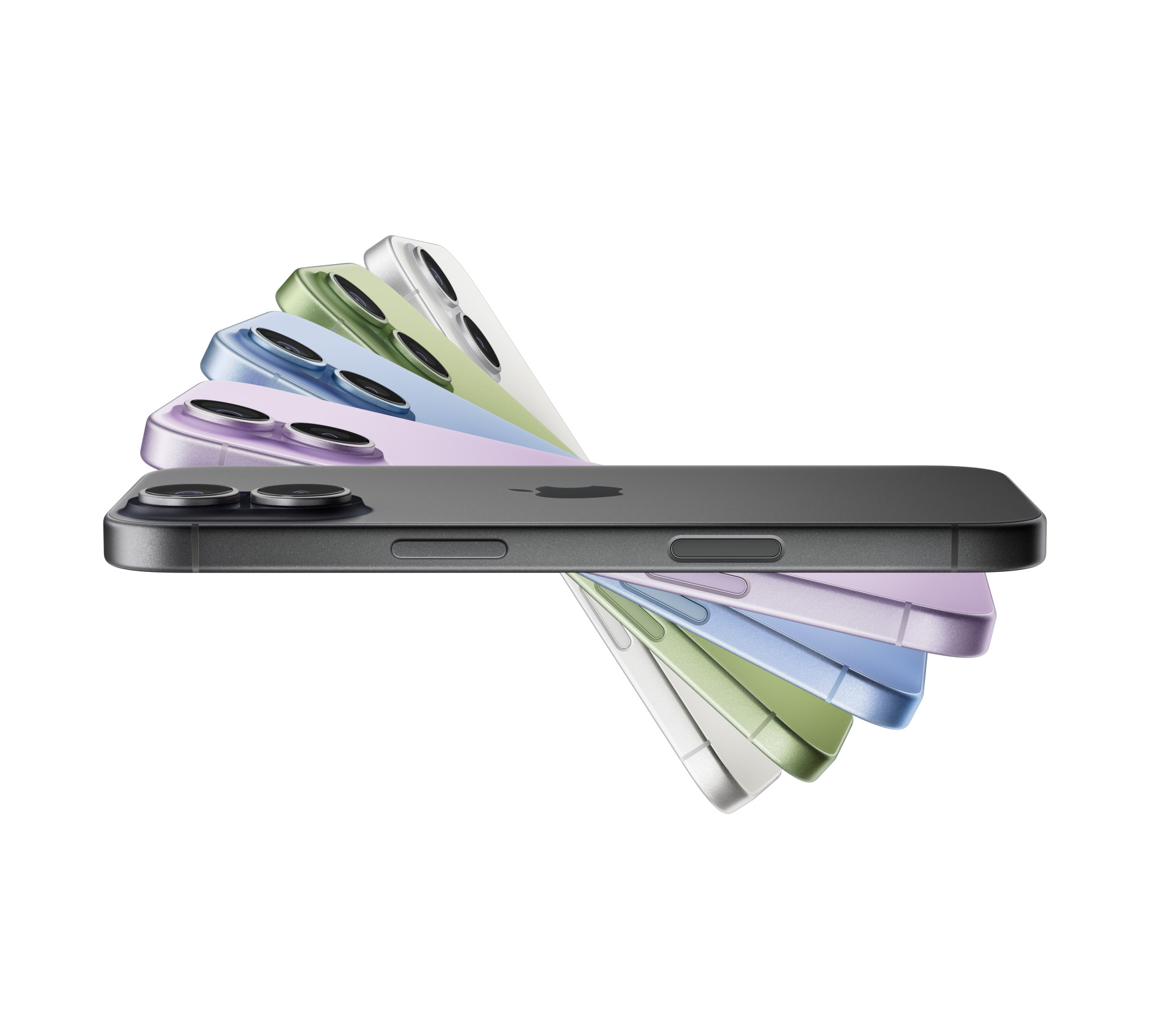 Aparelhos iPhone 17 em formato de leque nas cores: preto, lavanda, azul-névoa, sálvia e branco
