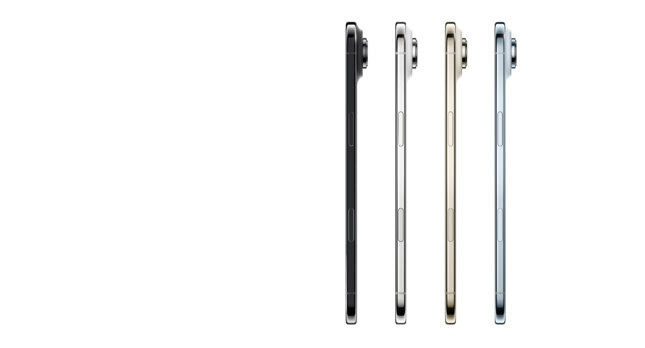 iPhone Air, parte lateral, colores: azul cielo, dorado claro, blanco nube y negro espacial, diseño ultrafino, sistema de cámara Fusion, botones: lateral, Control de Cámara