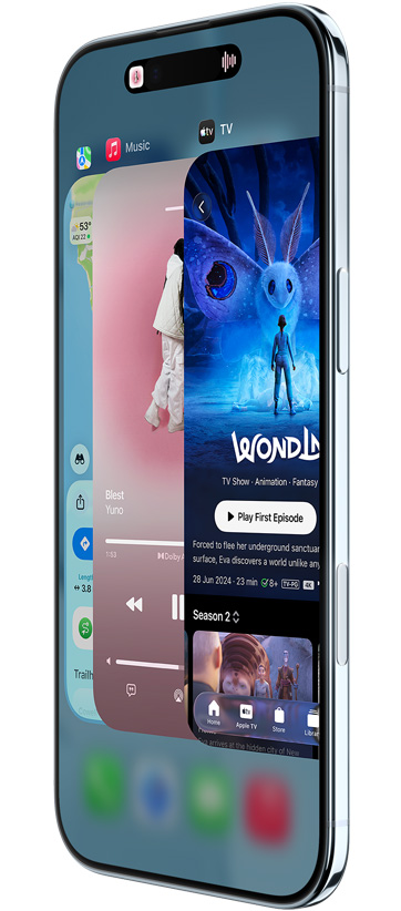 iPhone Air, eksterior depan, eksterior samping, dengan aplikasi Peta, Musik, dan Apple&nbsp;TV+, menampilkan fitur Pengalih&nbsp;App yang digunakan