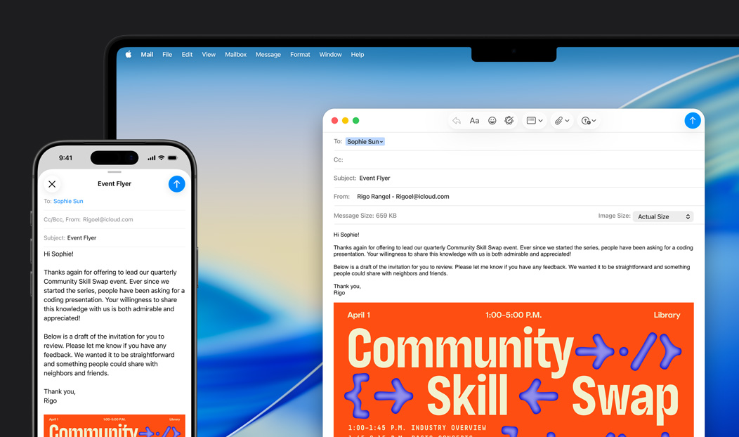iPhone 16 Plus en MacBook Pro, Mail-app geopend, hetzelfde e‑mailconcept op beide schermen