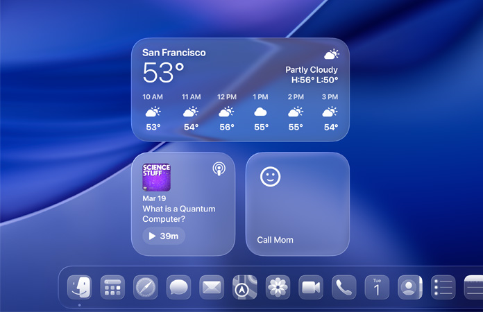 Liquid Glass-widgets Weer, Podcasts en Herinneringen op macOS Tahoe-scherm