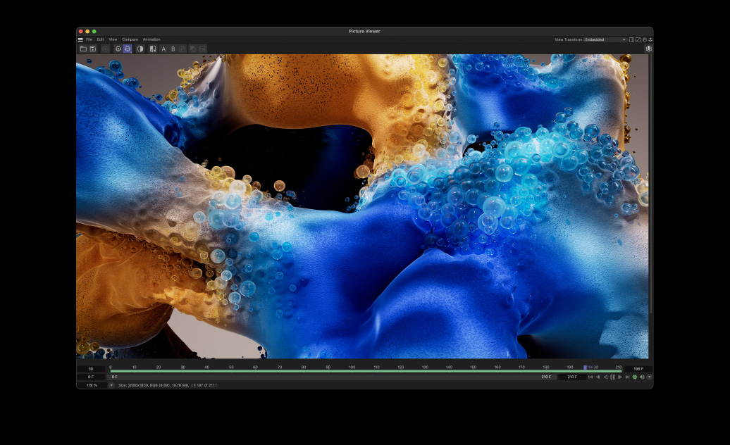 MacBook Pro-scherm met een bellenanimatie die is gemaakt met Cinema 4D