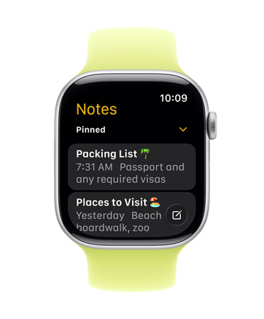 Apple Watch Series 11, kellotaulussa näkyy Muistiinpanot-appi, jossa on kaksi kiinnitettyä muistiinpanoa